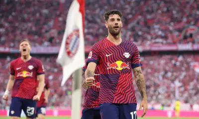 Dominik Szoboszlai of RB Leipzig celebrates after scoring.