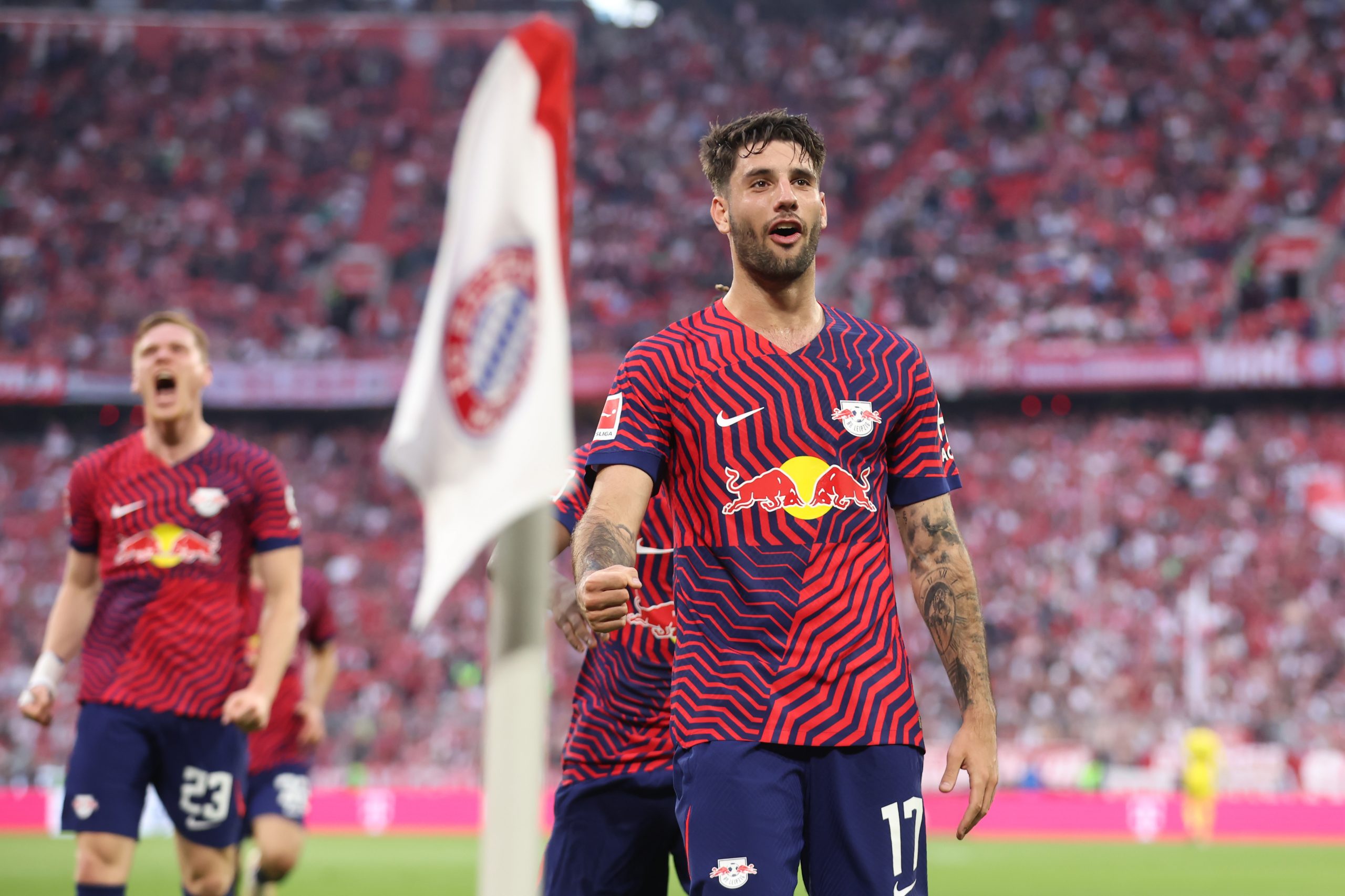 Dominik Szoboszlai of RB Leipzig celebrates after scoring.