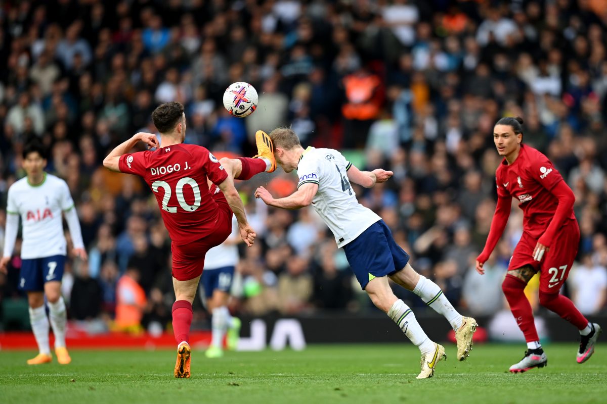  Diogo Jota of Liverpool fouls Tottenham Hotspur's Oliver Skipp with a high boot.. (Photo by Michael Regan/Getty Images)