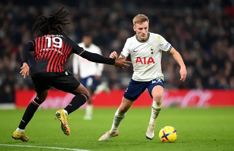 Harvey White of Tottenham Hotspur battles for possession with Khephren Thuram of Nice during a friendly.