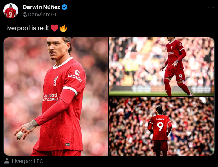 Liverpool star Darwin Nunez posts Twitter message after beating Everton.