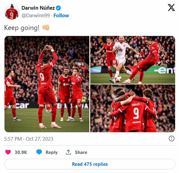 Liverpool star Darwin Nunez puts up a message on Twitter after win vs Toulouse