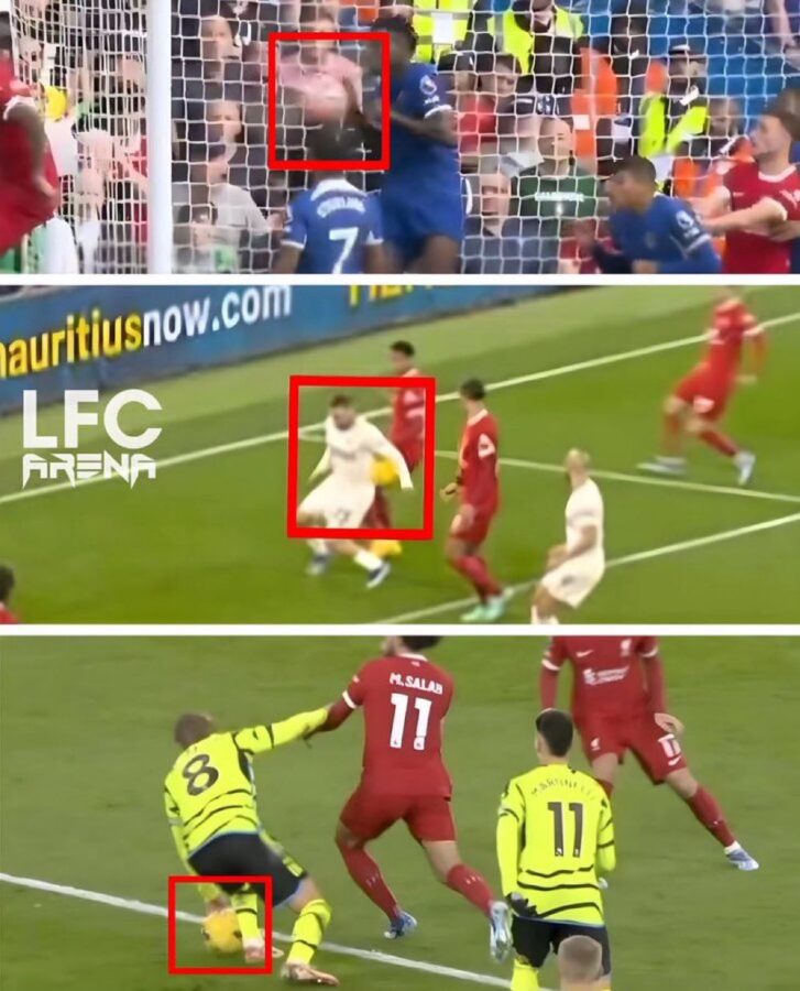Three handball decisions that went against Liverpool and took place during the three draws in the Premier League game against Chelsea, Arsenal and Manchester United.(Credit: LFC ARENA/X:@LFC_Lucas_)