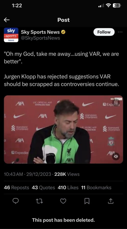 Sky Sports deleted the post after facing a serious backlash for misquoting Liverpool manager Jurgen Klopp intentionally to enable unnecessary agendas and exploit with clickbait. (Credit: X/Sky Sports)