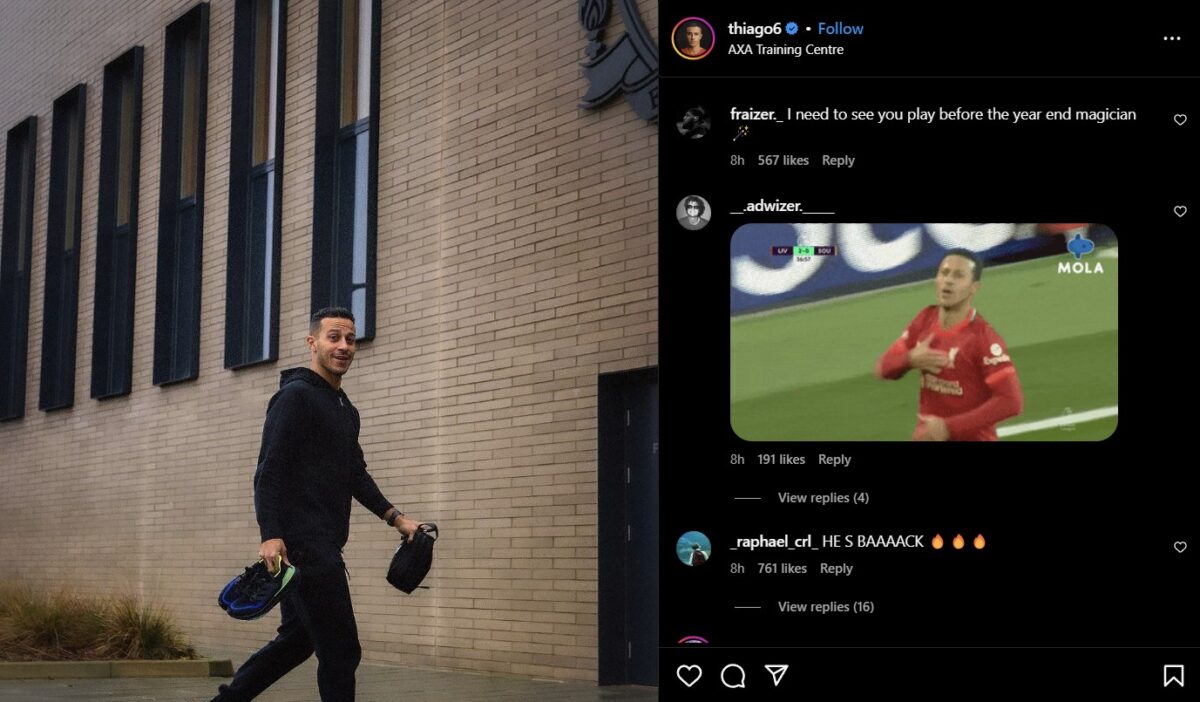 Thiago Alcantara's impending return from injury promises to boost the senior team squad at Liverpool. (Credit: Instagram)
