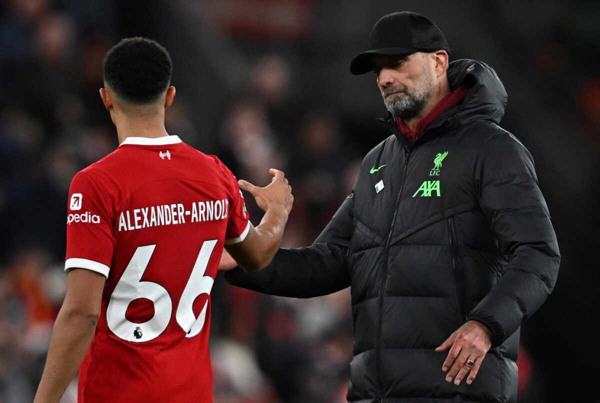 Gary Lineker praised Trent Alexander-Arnold while criticizing the dull Northwest derby match between Liverpool and Manchester United at Anfield. (Photo by PAUL ELLIS/AFP via Getty Images)