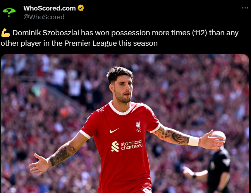 Liverpool star Dominik Szoboszlai has most recoveries in the Premier League this season.