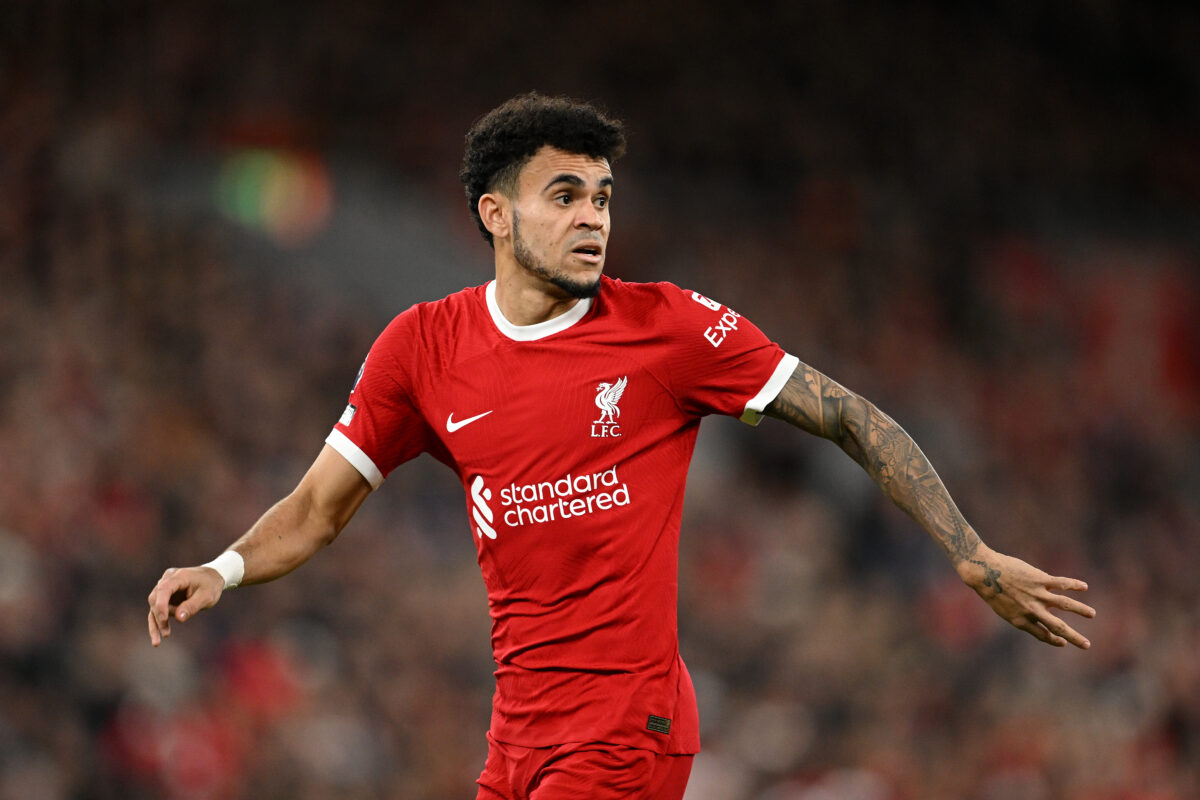 Liverpool forward Luis Diaz suffered a potential knee injury against Arsenal in the Premier League clash at Anfield on Saturday. (Photo by Michael Regan/Getty Images)