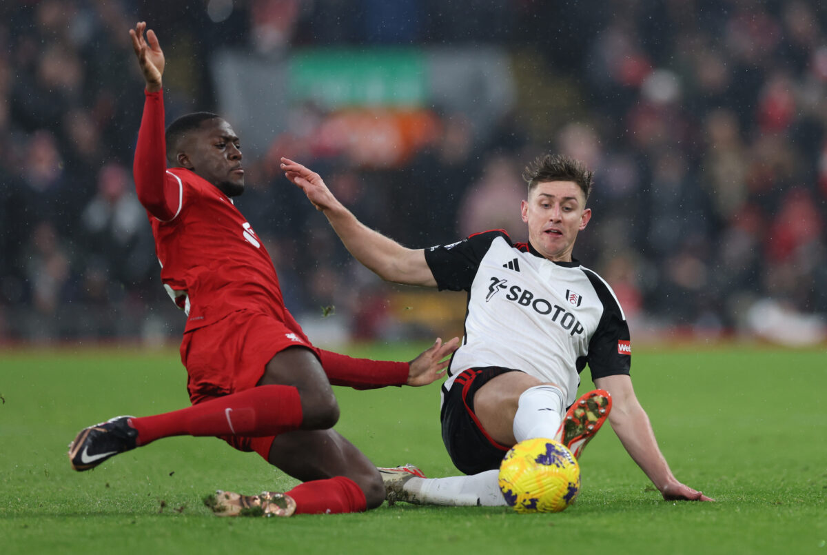 LIVERPOOL, ENGLAND - DECEMBER 03: Ibrahima Konate of Liverpool clashes with Tom Cairney of Fulham during the Premier League match between Liverpool FC and Fulham FC at Anfield on December 03, 2023 in Liverpool, England (Photo by Clive Brunskill/Getty Images)