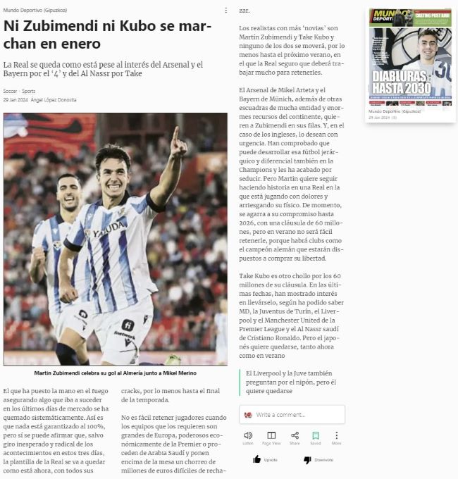 Liverpool wants Real Sociedad winger Takefusa Kubo as the successor to their Egyptian legend Mohamed Salah.  (Credit: Mundo Deportivo)