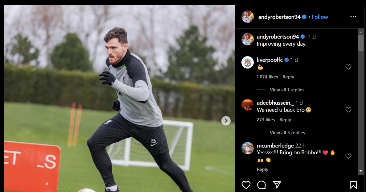 Liverpool left-back Andy Robertson provided a positive update about his recovery (credit: Instagram/andyrobertson94)