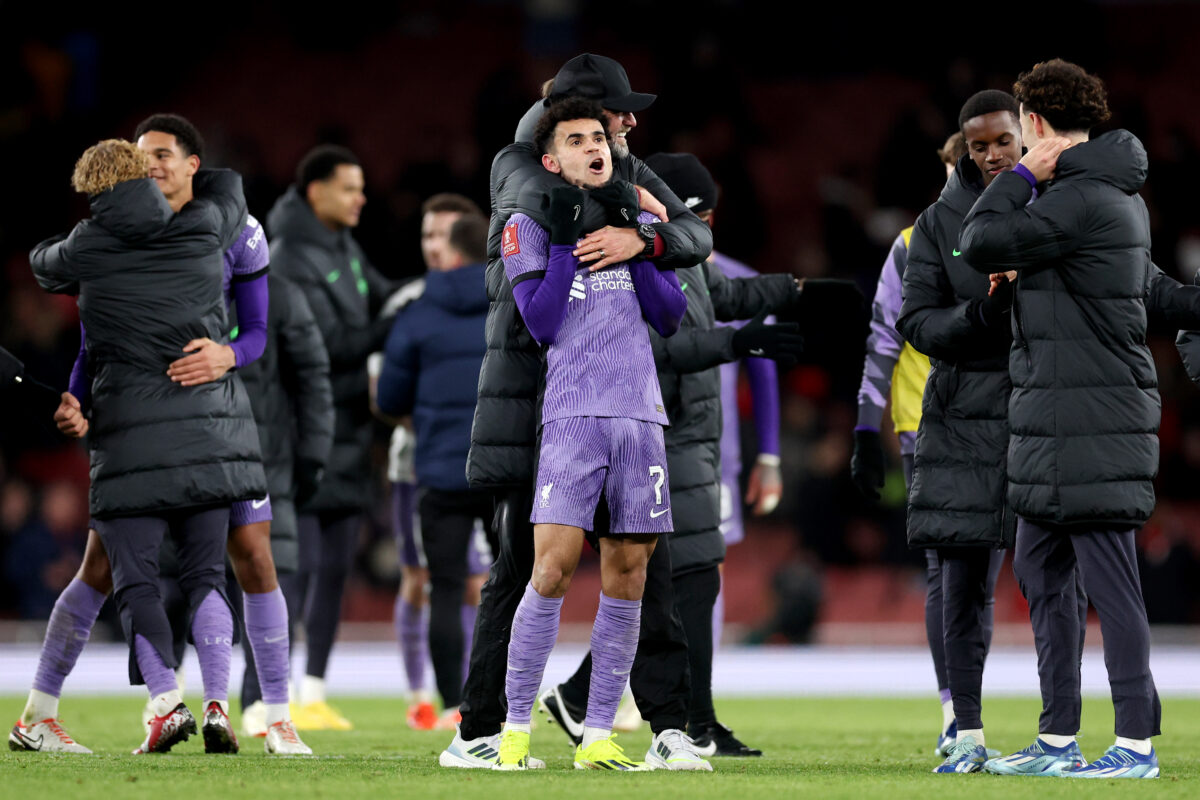 LONDON, ENGLAND - JANUARY 07: Luis Diaz of Liverpool is embraced by his Manager Juergen Klopp after the team's victory in the Emirates FA Cup Third Round match between Arsenal and Liverpool at Emirates Stadium on January 07, 2024 in London, England. Arsenal wear an all-white kit at home, for the first time in the club's history, in support of the 'No More Red' campaign against knife crime and youth violence. (Photo by Julian Finney/Getty Images)