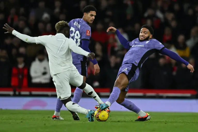 Liverpool defender Joe Gomez highlighted the struggles of adapting to the left-back role despite dominating Arsenal star Bukayo Saka. (Photo by BEN STANSALL/AFP via Getty Images)