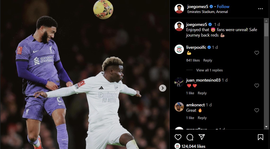 Liverpool defender Joe Gomez highlighted the struggles of adapting to the left-back role despite dominating Arsenal star Bukayo Saka. (Credit: instagram/joegomez5)