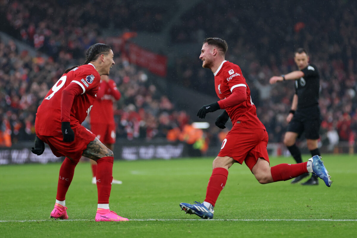 LIVERPOOL, ENGLAND - DECEMBER 03: Alexis Mac Allister of Liverpool celebrates with teammate Darwin Nunez after scoring the team's second goal during the Premier League match between Liverpool FC and Fulham FC at Anfield on December 03, 2023 in Liverpool, England. (Photo by Clive Brunskill/Getty Images)