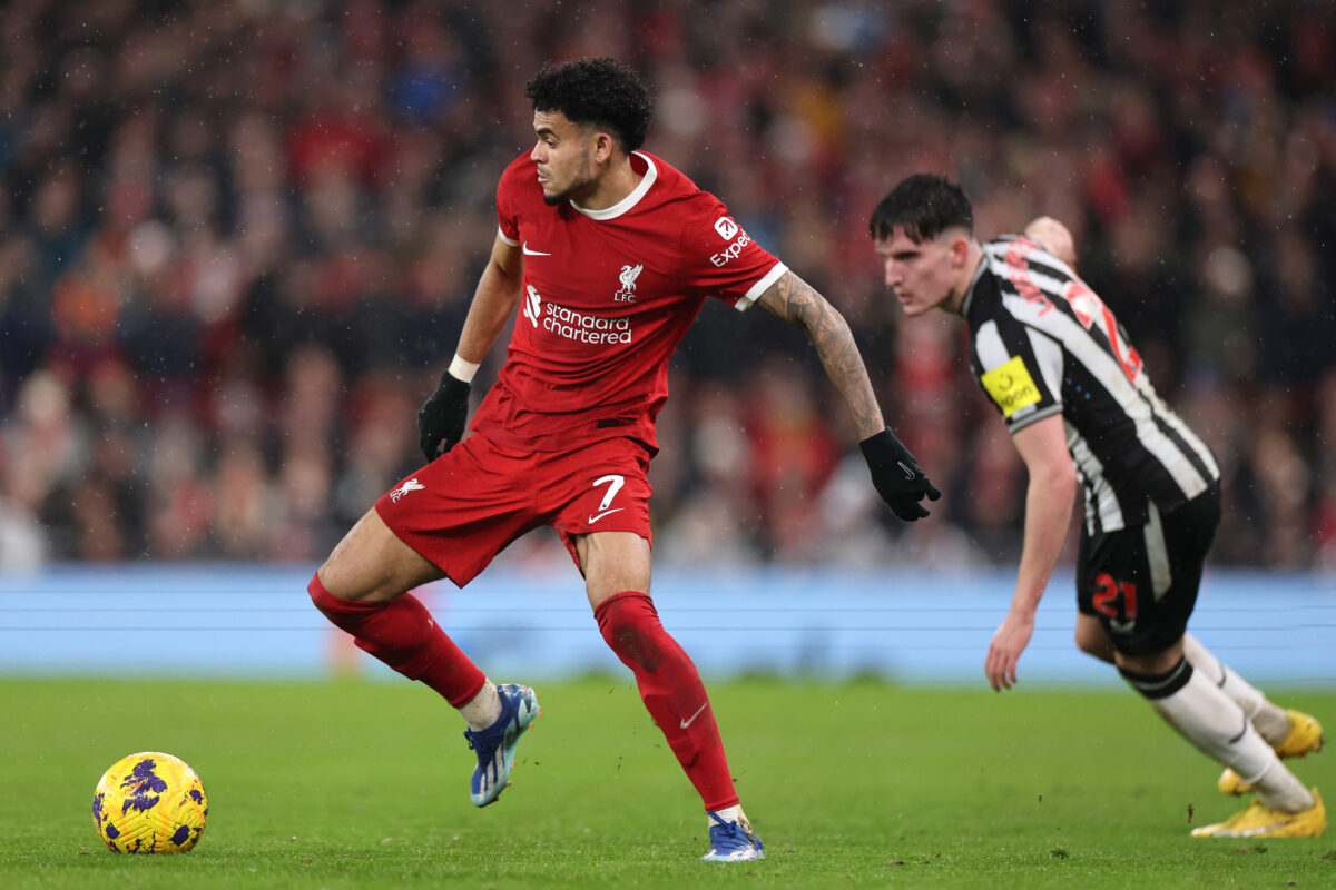 LIVERPOOL, ENGLAND - JANUARY 01: Luis Diaz of Liverpool in actio during the Premier League match between Liverpool FC and Newcastle United at Anfield on January 01, 2024 in Liverpool, England. (Photo by Jan Kruger/Getty Images)