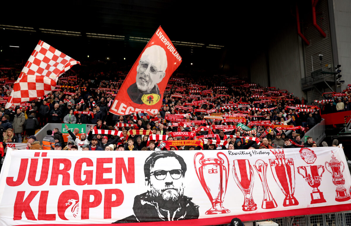 LIVERPOOL, ENGLAND - JANUARY 28: Fans show appreciation to Juergen Klopp, Manager of Liverpool (not pictured) in the stands prior to the Emirates FA Cup Fourth Round match between Liverpool and Norwich City at Anfield on January 28, 2024 in Liverpool, England. (Photo by Clive Brunskill/Getty Images)