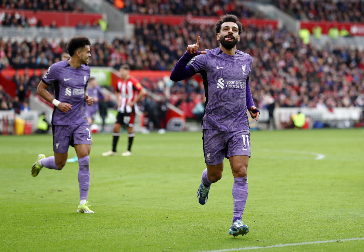 BRENTFORD, ENGLAND - FEBRUARY 17: Mohamed Salah of Liverpool celebrates after scoring his team's third goal during the Premier League match between Brentford FC and Liverpool FC at Gtech Community Stadium on February 17, 2024 in Brentford, England. (Photo by Ryan Pierse/Getty Images)