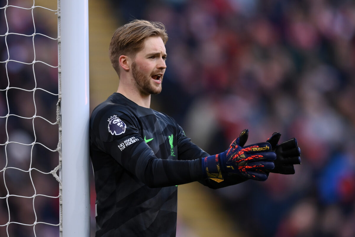 LIVERPOOL, ENGLAND - FEBRUARY 10: Caoimhin Kelleher of Liverpool reacts during the Premier League match between Liverpool FC and Burnley FC at Anfield on February 10, 2024 in Liverpool, England. (Photo by Justin Setterfield/Getty Images)