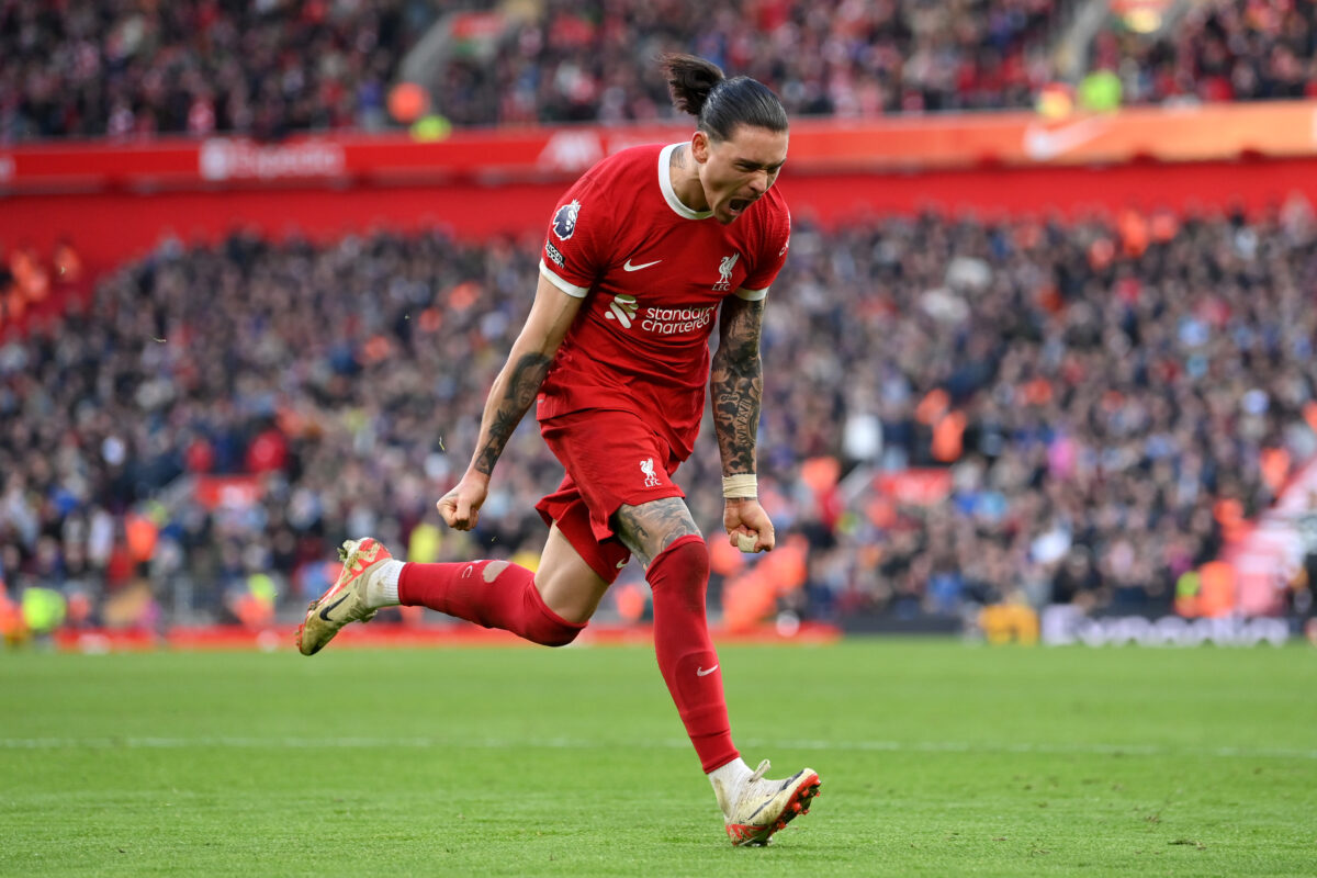 LIVERPOOL, ENGLAND - FEBRUARY 10: Darwin Nunez of Liverpool  celebrates scoring the 3rd Liverpool goal during the Premier League match between Liverpool FC and Burnley FC at Anfield on February 10, 2024 in Liverpool, England. (Photo by Justin Setterfield/Getty Images)