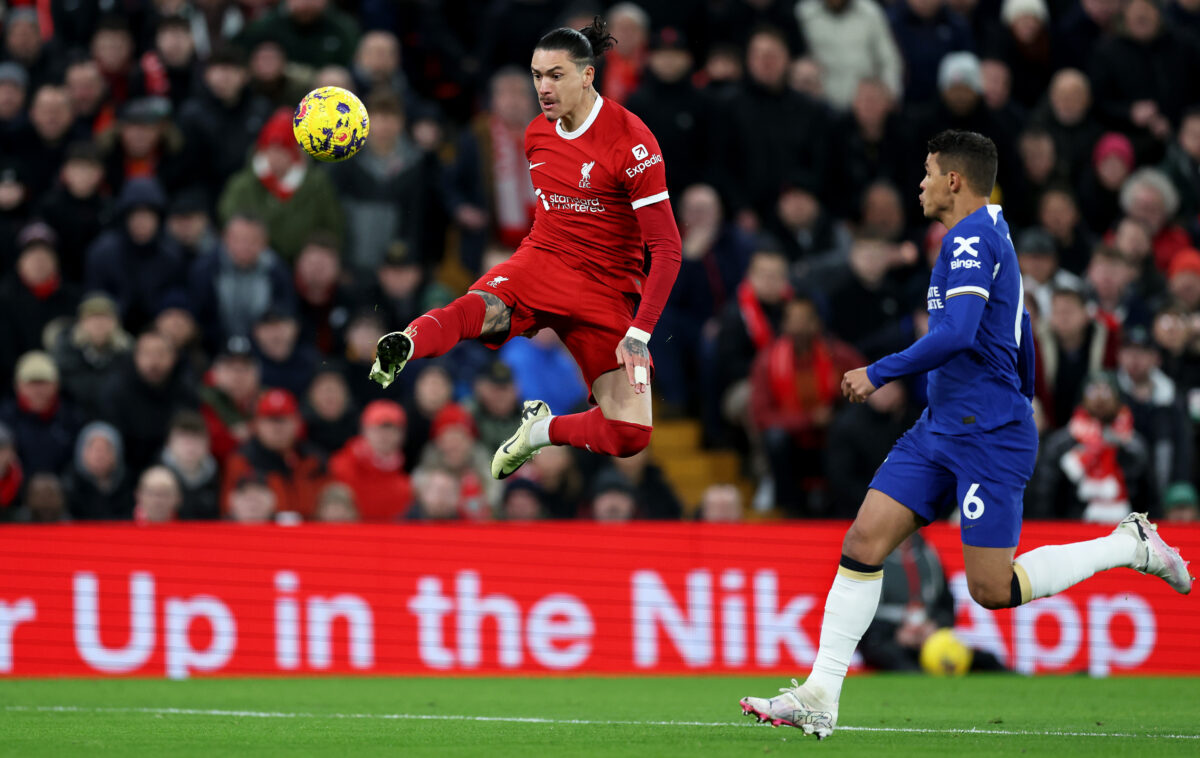 LIVERPOOL, ENGLAND - JANUARY 31: Darwin Nunez of Liverpool shoots at goal during the Premier League match between Liverpool FC and Chelsea FC at Anfield on January 31, 2024 in Liverpool, England. (Photo by Clive Brunskill/Getty Images)