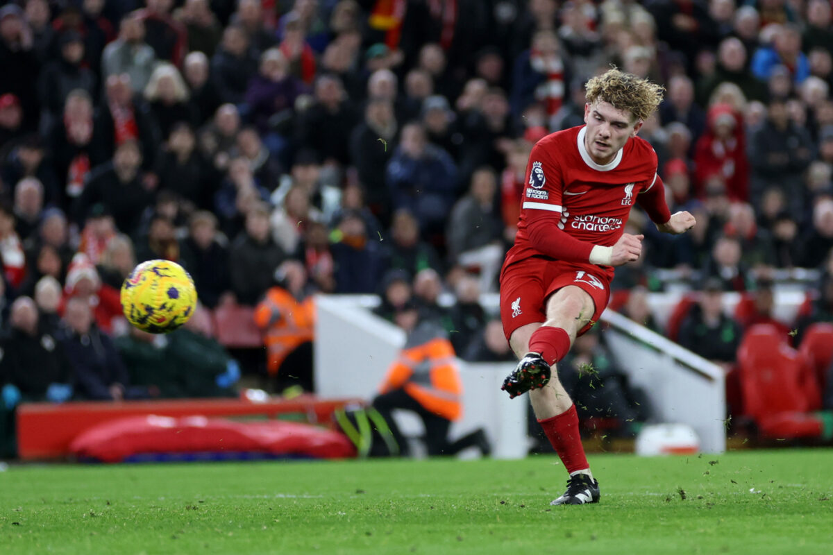 LIVERPOOL, ENGLAND - FEBRUARY 21: Harvey Elliott of Liverpool scores his team's fourth goal during the Premier League match between Liverpool FC and Luton Town at Anfield on February 21, 2024 in Liverpool, England. (Photo by Clive Brunskill/Getty Images)