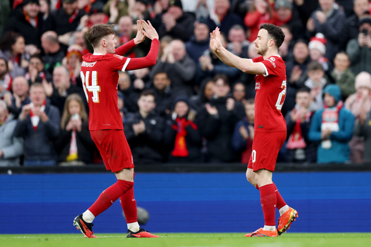 Liverpool duo Conor Bradley and Diogo Jota have earned nominations for the Premier League Player of the Month award for January .  (Photo by Clive Brunskill/Getty Images)