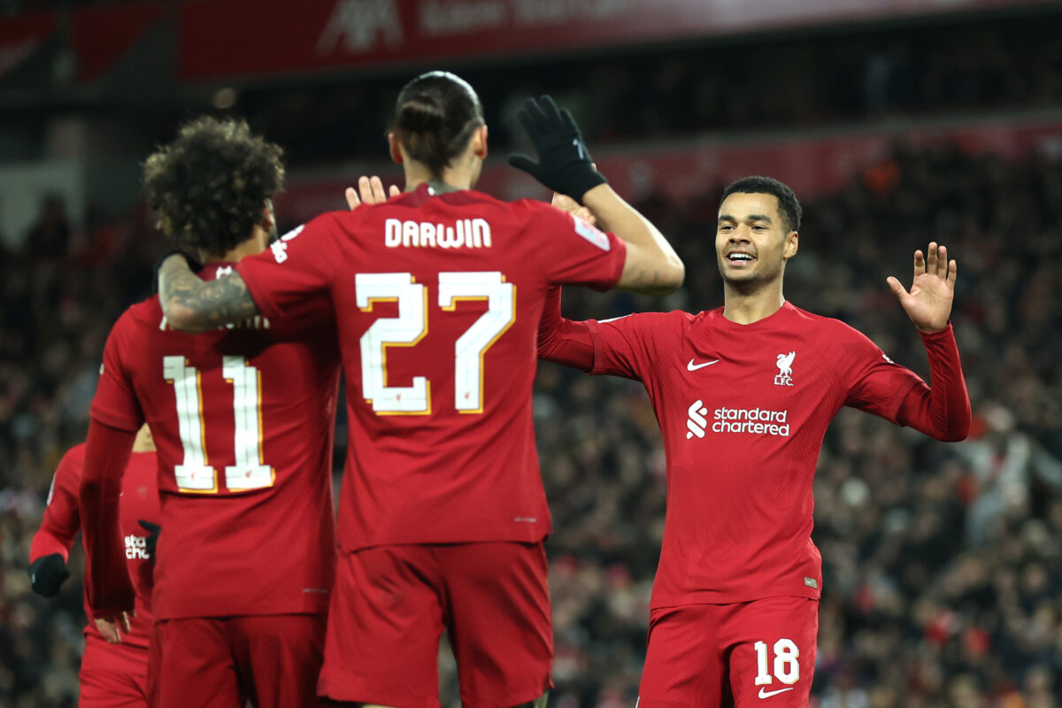 LIVERPOOL, ENGLAND - JANUARY 07: Mohamed Salah of Liverpool celebrates with teammates Darwin Nunez and Cody Gakpo after scoring the team's second goal during the Emirates FA Cup Third Round match between Liverpool FC and Wolverhampton Wanderers at Anfield on January 07, 2023 in Liverpool, England. (Photo by Naomi Baker/Getty Images)