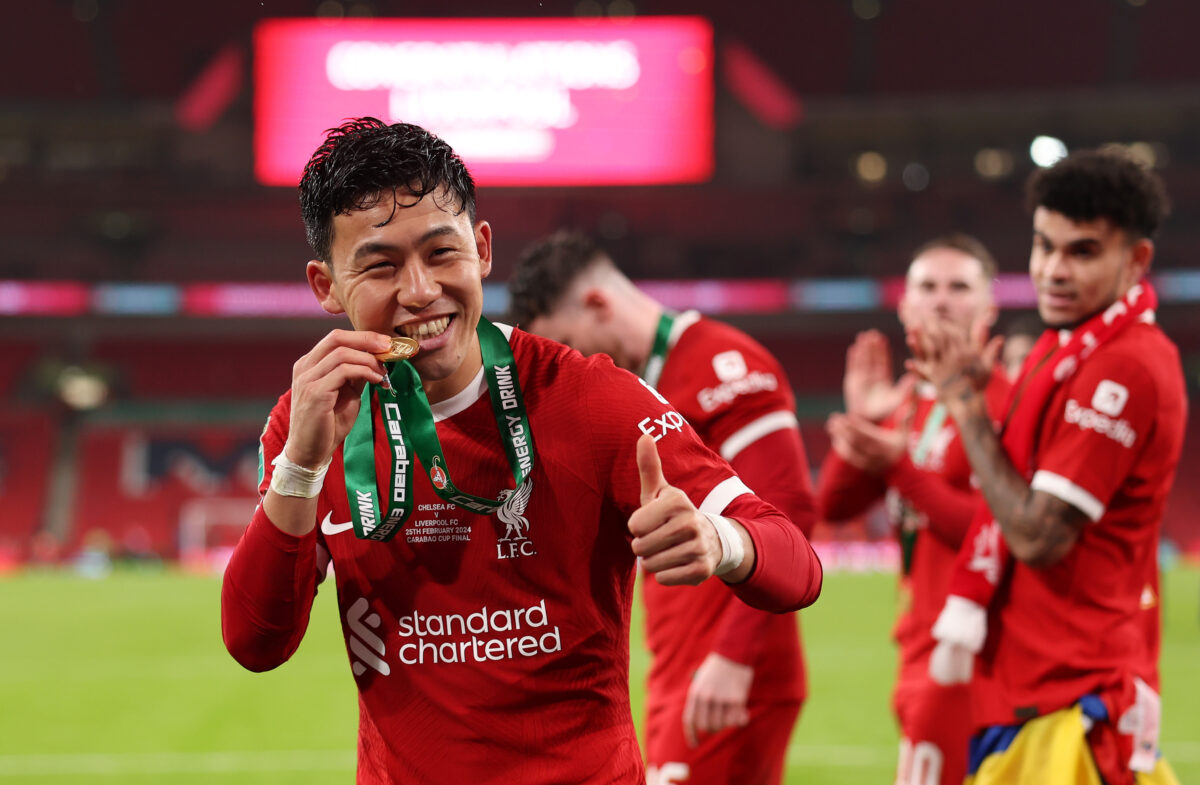 Liverpool star Wataru Endo earned a "cult hero" status at the club due to his humble and professional attitude alongside strong performances last season. (Photo by Julian Finney/Getty Images)