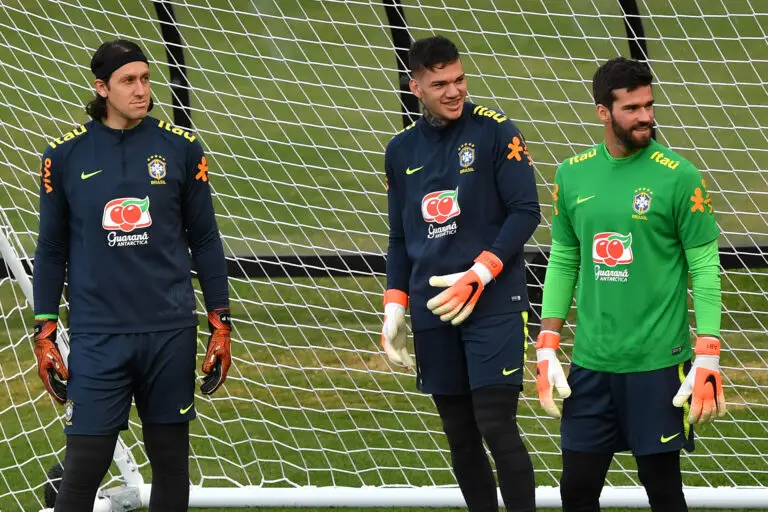 Brazil's goalkeepers Cassio (L), Ederson (C) and Alisson (R) take part in a training session at the Pacaembu stadium, in Sao Paulo, Brazil, on June 11, 2019 ahead of the Copa America football tournament. - The Copa America runs in Brazil from June 14 to July 7. (Photo by NELSON ALMEIDA / AFP) (Photo credit should read NELSON ALMEIDA/AFP via Getty Images)