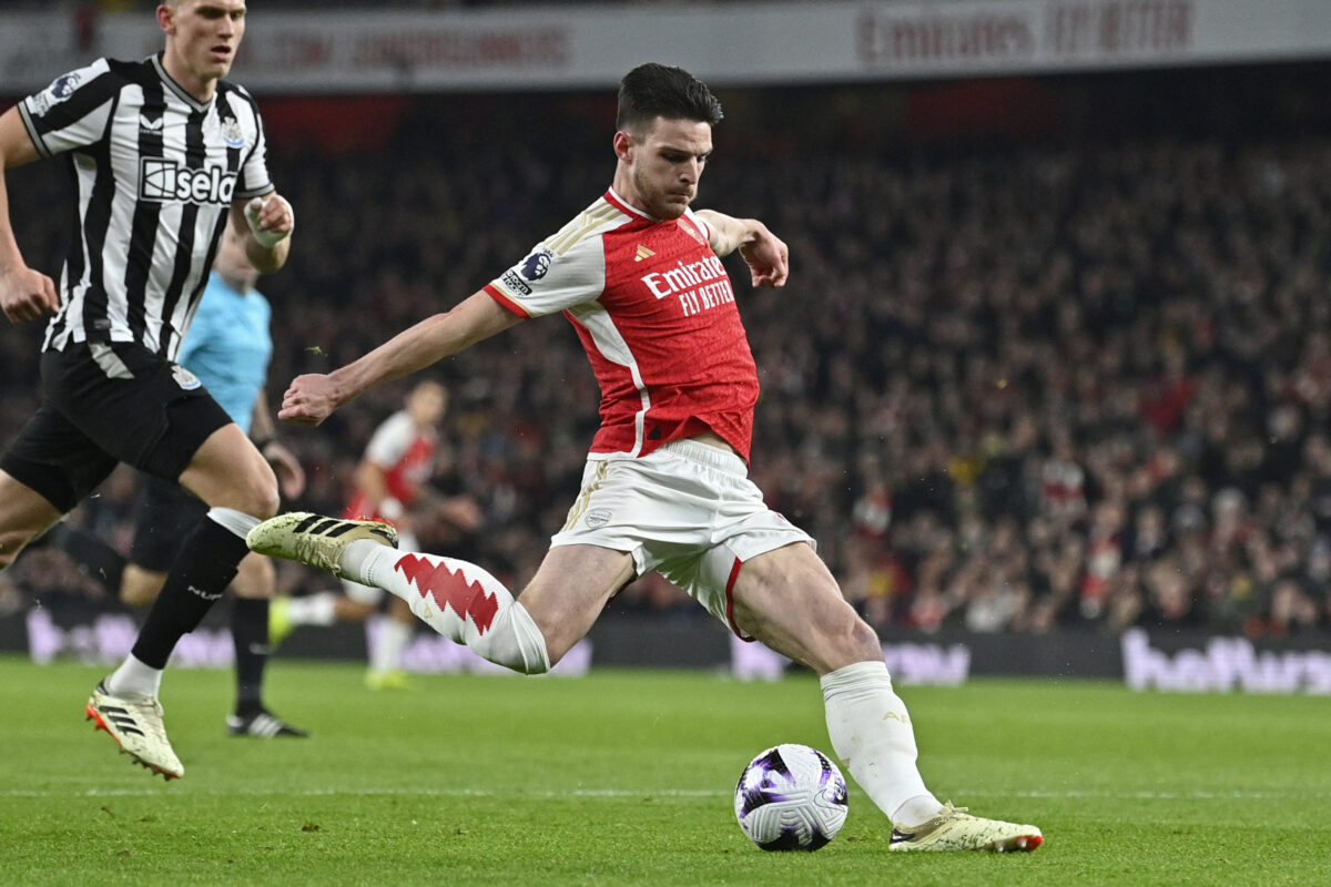 Arsenal's English midfielder #41 Declan Rice has been an important presence for the Gunners this season.  (Photo by JUSTIN TALLIS/AFP via Getty Images)
