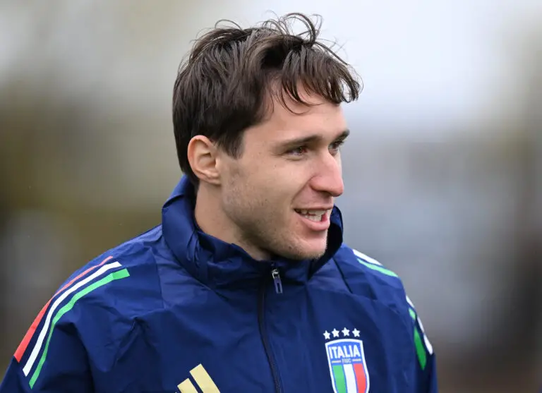 NEW YORK, NEW YORK - MARCH 23: Federico Chiesa of Italy arrives before Italy training session at NY Red Bulls TG on March 23, 2024 in New York, New York. (Photo by Claudio Villa/Getty Images)