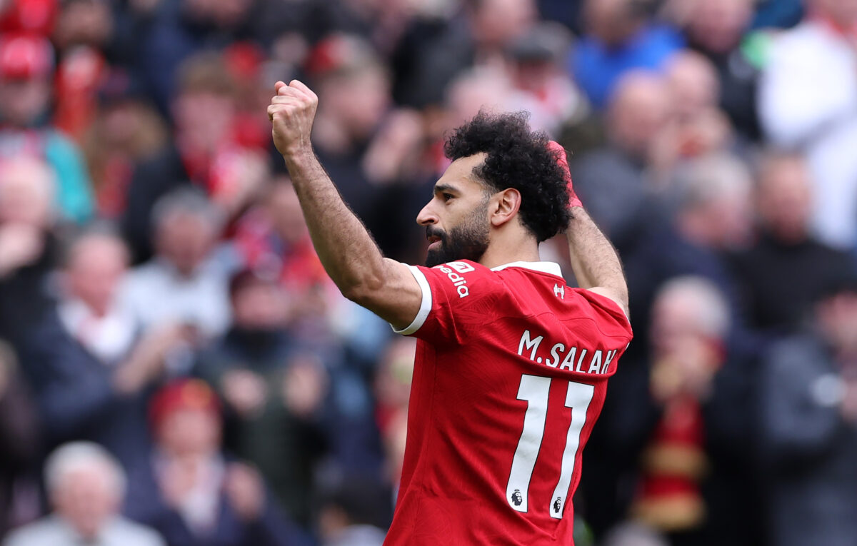 LIVERPOOL, ENGLAND - MARCH 31: Mohamed Salah of Liverpool celebrates scoring his team's second goal during the Premier League match between Liverpool FC and Brighton & Hove Albion at Anfield on March 31, 2024 in Liverpool, England. (Photo by Alex Livesey/Getty Images) (Photo by Alex Livesey/Getty Images)