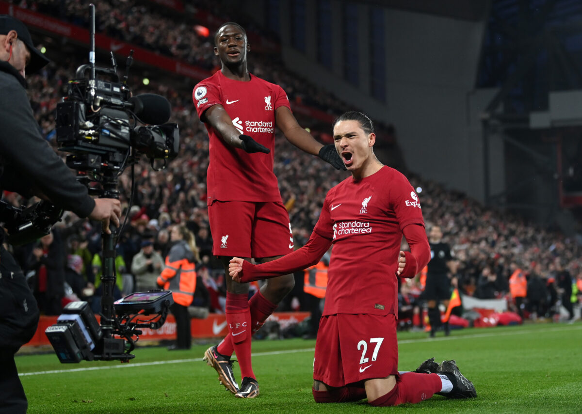 LIVERPOOL, ENGLAND - MARCH 05: Darwin Nunez of Liverpool celebrates after scoring the team's fifth goal with teammate Ibrahima Konate during the Premier League match between Liverpool FC and Manchester United at Anfield on March 05, 2023 in Liverpool, England. (Photo by Michael Regan/Getty Images)