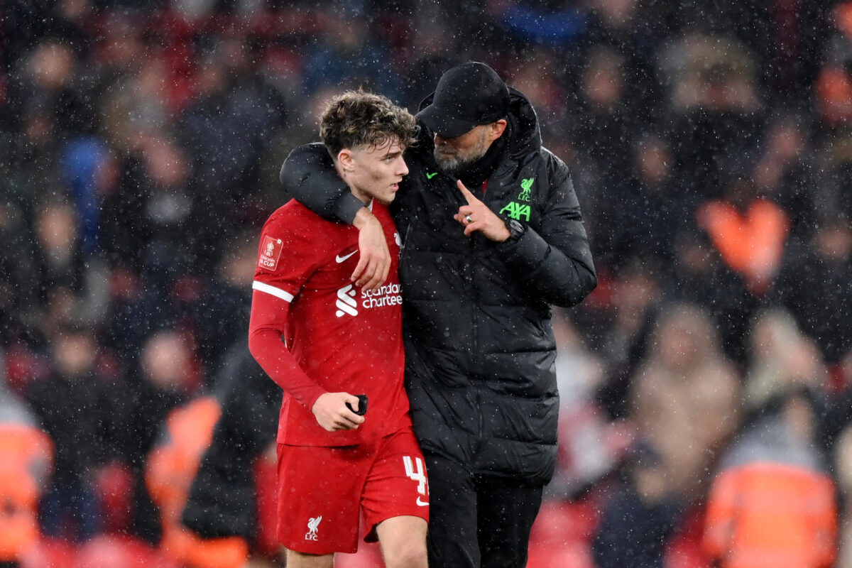 LIVERPOOL, ENGLAND - FEBRUARY 28: Jurgen Klopp, Manager of Liverpool, interacts with Bobby Clark of Liverpool after the team's victory in the Emirates FA Cup Fifth Round match between Liverpool and Southampton at Anfield on February 28, 2024 in Liverpool, England. (Photo by Justin Setterfield/Getty Images)