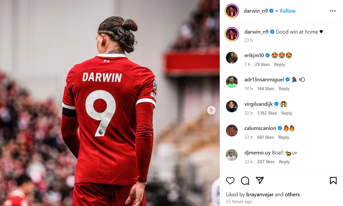 Liverpool star Darwin Nunez posts a four-word message to social media after against Brighton. 