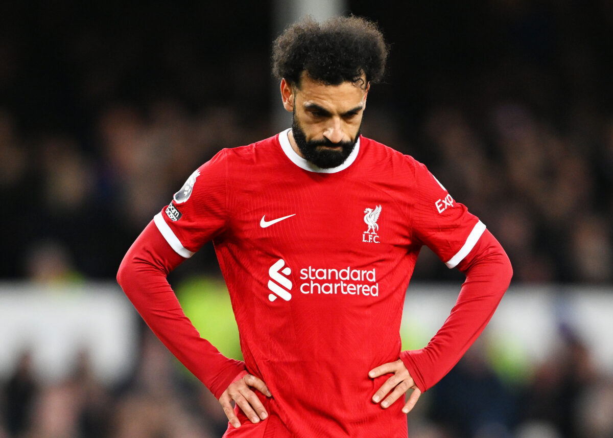 LIVERPOOL, ENGLAND - APRIL 24: Mohamed Salah of Liverpool reacts during the Premier League match between Everton FC and Liverpool FC at Goodison Park on April 24, 2024 in Liverpool, England. (Photo by Michael Regan/Getty Images)