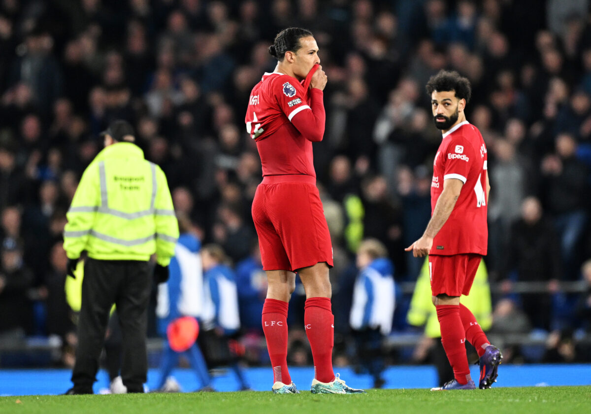 LIVERPOOL, ENGLAND - APRIL 24: Virgil van Dijk of Liverpool looks dejected after the team's defeat in the Premier League match between Everton FC and Liverpool FC at Goodison Park on April 24, 2024 in Liverpool, England. (Photo by Michael Regan/Getty Images)