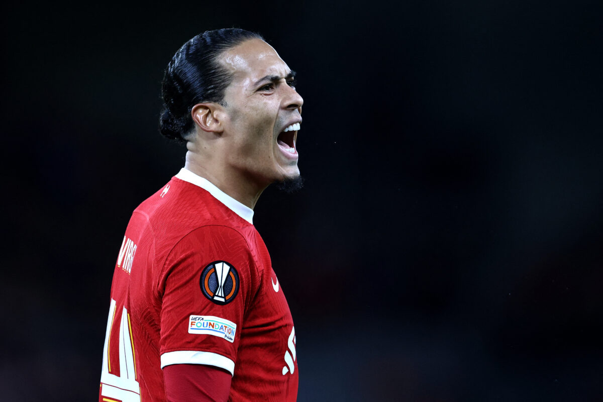 Liverpool's Dutch defender #04 Virgil van Dijk shouts during the UEFA Europa League quarter-final first leg football match between Liverpool and Atalanta at Anfield in Liverpool, north west England on April 11, 2024. (Photo by Darren Staples / AFP) (Photo by DARREN STAPLES/AFP via Getty Images)