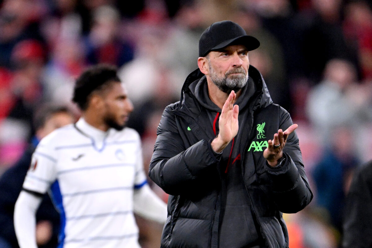 LIVERPOOL, ENGLAND - APRIL 11: Jurgen Klopp, Manager of Liverpool, applauds the fans at full-time following the team's defeat in the UEFA Europa League 2023/24 Quarter-Final first leg match between Liverpool FC and Atalanta at Anfield on April 11, 2024 in Liverpool, England. (Photo by Stu Forster/Getty Images)