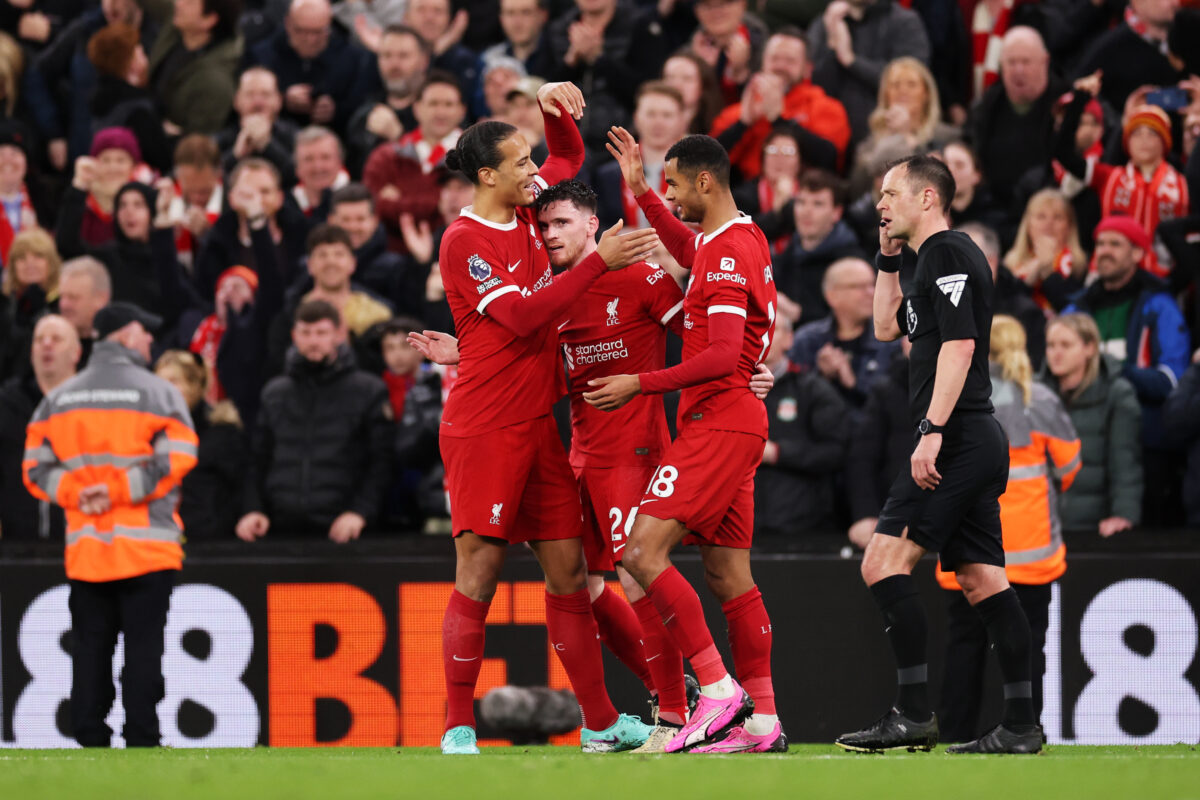 LIVERPOOL, ENGLAND - APRIL 04: Cody Gakpo of Liverpool celebrates scoring his team's third goal with teammates Virgil van Dijk and Andrew Robertson during the Premier League match between Liverpool FC and Sheffield United at Anfield on April 04, 2024 in Liverpool, England. (Photo by Jan Kruger/Getty Images) (Photo by Jan Kruger/Getty Images)