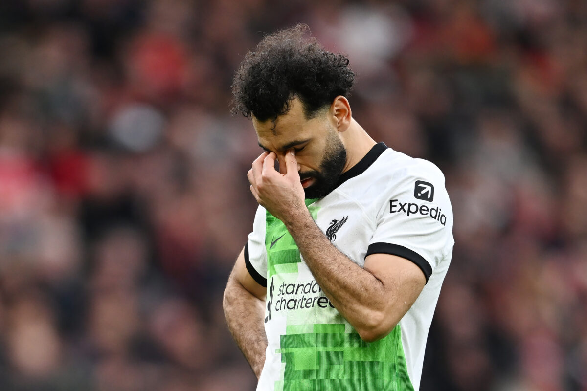 MANCHESTER, ENGLAND - APRIL 07: Mohammed Salah of Liverpool looks dejected during the Premier League match between Manchester United and Liverpool FC at Old Trafford on April 07, 2024 in Manchester, England. (Photo by Michael Regan/Getty Images) (Photo by Michael Regan/Getty Images)