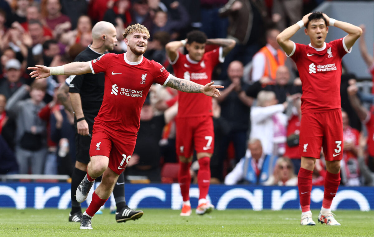 Liverpool's English midfielder #19 Harvey Elliott celebrates scoring the team's fourth goal during the English Premier League football match between Liverpool and Tottenham Hotspur at Anfield in Liverpool, north west England on May 5, 2024. (Photo by Darren Staples / AFP) / RESTRICTED TO EDITORIAL USE. No use with unauthorized audio, video, data, fixture lists, club/league logos or 'live' services. Online in-match use limited to 120 images. An additional 40 images may be used in extra time. No video emulation. Social media in-match use limited to 120 images. An additional 40 images may be used in extra time. No use in betting publications, games or single club/league/player publications. / (Photo by DARREN STAPLES/AFP via Getty Images)