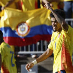 EAST HARTFORD, CT - JUNE 15: Luis Diaz #7 of Colombia raises his fist after scoring against Bolivia during the first half of their international friendly match at Pratt & Whitney Stadium on June 15, 2024 in Hartford, Connecticut.(Photo By Winslow Townson/Getty Images)