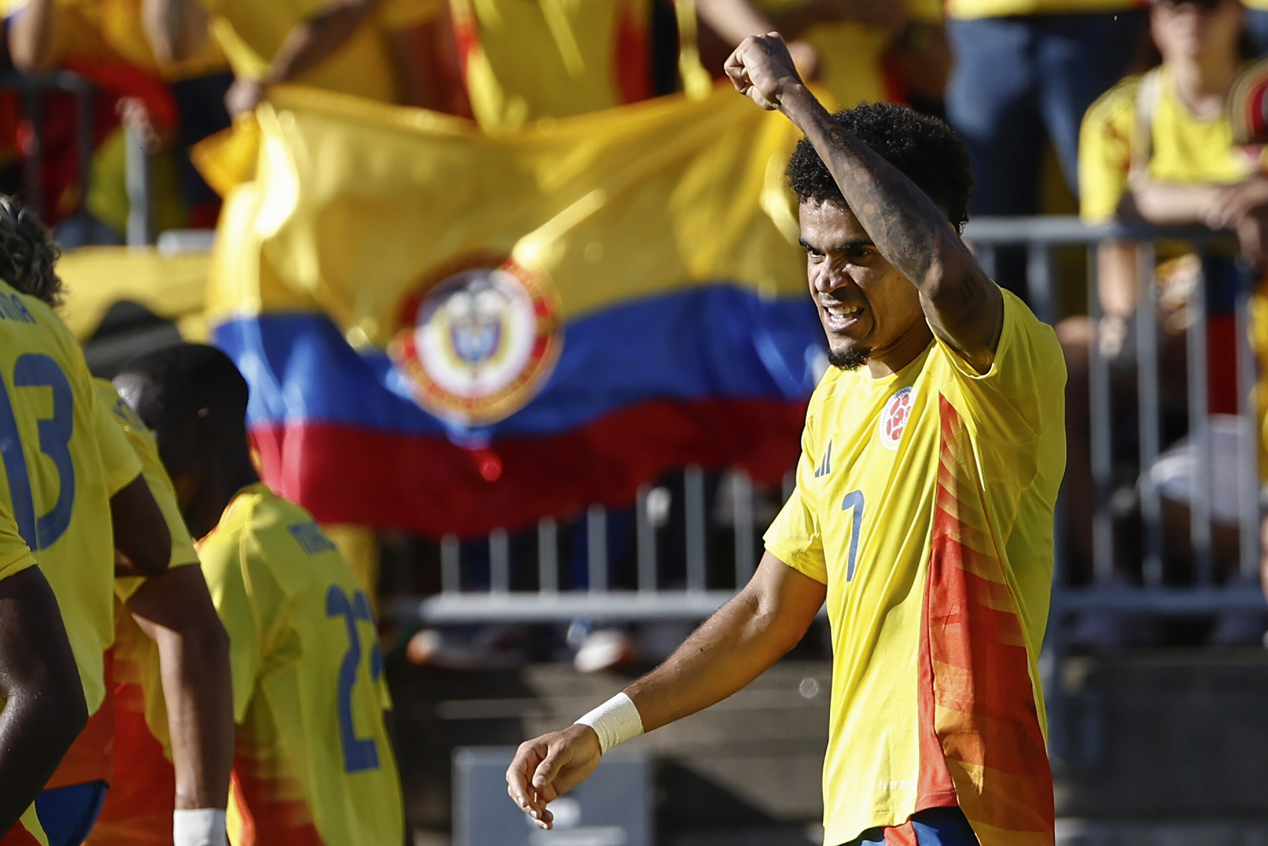 EAST HARTFORD, CT - JUNE 15: Luis Diaz #7 of Colombia raises his fist after scoring against Bolivia during the first half of their international friendly match at Pratt & Whitney Stadium on June 15, 2024 in Hartford, Connecticut.(Photo By Winslow Townson/Getty Images)