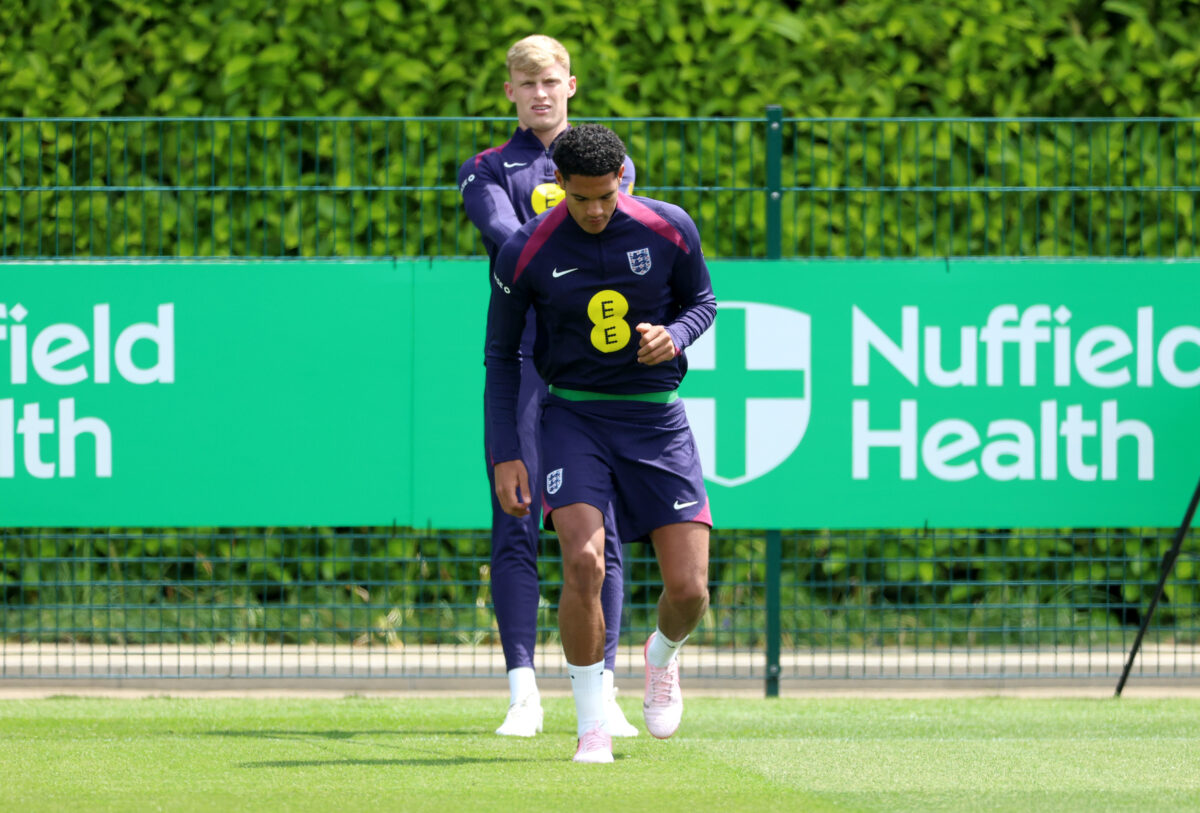 ENFIELD, ENGLAND - JUNE 06: Jarrad Branthwaite and Jarell Quansah of England warm up during a training session at Tottenham Hotspur Training Centre on June 06, 2024 in Enfield, England. (Photo by Richard Pelham/Getty Images)
