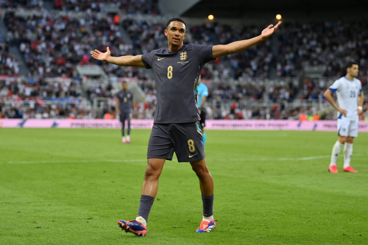 NEWCASTLE UPON TYNE, ENGLAND - JUNE 03: Trent Alexander-Arnold of England celebrates scoring his team's second goal during the international friendly match between England and Bosnia & Herzegovina at St James' Park on June 03, 2024 in Newcastle upon Tyne, England. (Photo by Justin Setterfield/Getty Images)