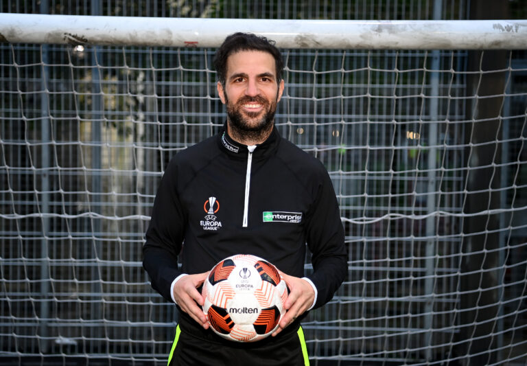 LONDON, ENGLAND - APRIL 22: Cesc Fabregas takes part in Enterprise Rent-A-Player at Westway Sports Centre on April 22, 2024 in London, England. Enterprise Rent-A-Player, a competition offering five-a-side football teams across Europe the once-in-a-lifetime opportunity to have a European legend join their squad for one night only. The star-studded Enterprise 'Rent-A-Player' line-up is formed of legends Cesc Fabregas, Radamel Falcao and Fabien Barthez. (Photo by Alex Davidson/Getty Images for Enterprise Rent-A-Car Rent-A-Player UEFA Europa League Campaign)