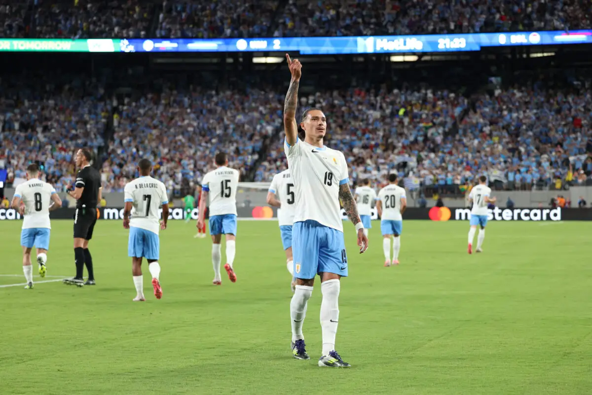 Uruguay's forward #19 Darwin Nunez celebrates scoring his team's second goal during the Conmebol 2024 Copa America tournament group C football match between Uruguay and Bolivia at MetLife Stadium in East Rutherford, New Jersey, on June 27, 2024 (Photo by CHARLY TRIBALLEAU / AFP) (Photo by CHARLY TRIBALLEAU/AFP via Getty Images)