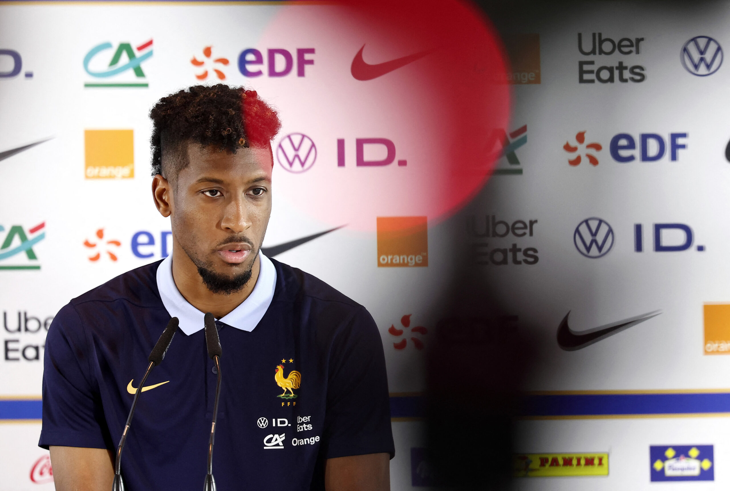 France's forward Kingsley Coman gives a press conference at the Home Deluxe Arena Stadium in Paderborn, western Germany, on June 12, 2024, ahead of the UEFA Euro 2024 football Championship. (Photo by FRANCK FIFE / AFP) (Photo by FRANCK FIFE/AFP via Getty Images)